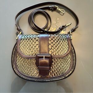 Brahmin Green & Brown Leather Crossbody Bag with Woven Texture